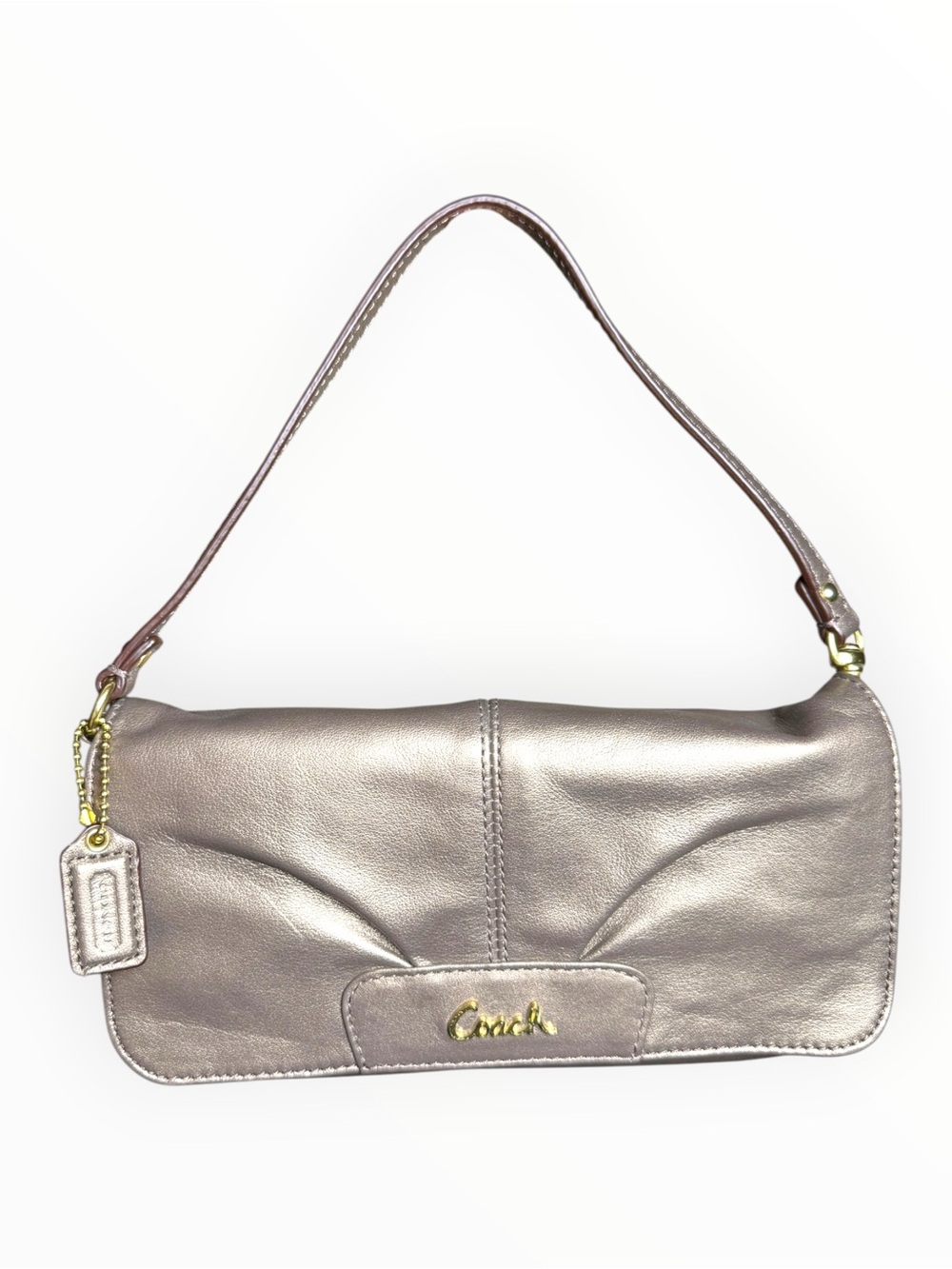 Coach Metallic Champagne Leather Convertible Wristlet Clutch Mini Bag
